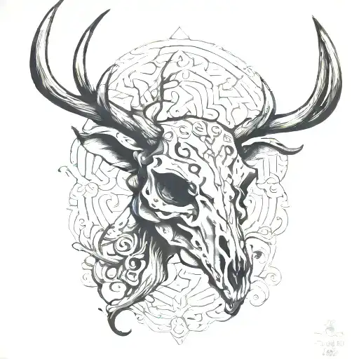 Deer Skull From The Side With Blackwork