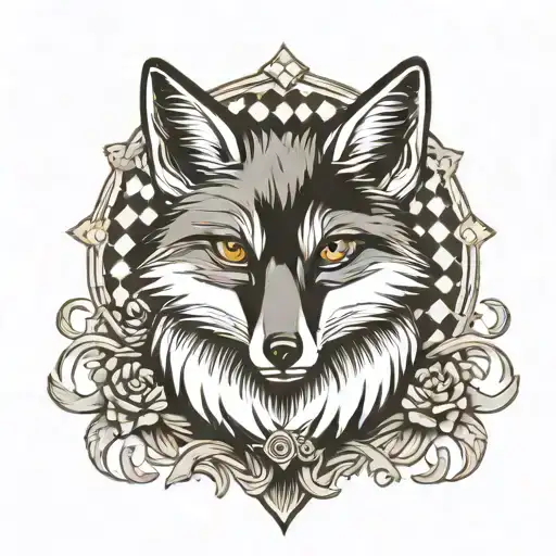 Silver Fox With Checkererd Background Black And White