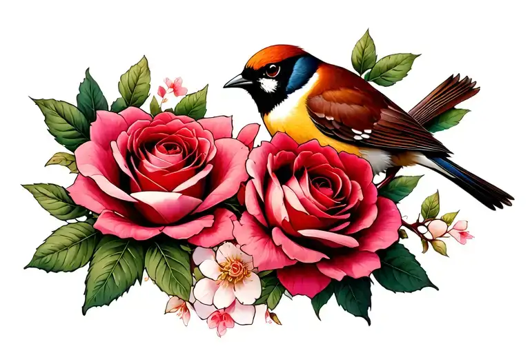 Rose And Sakura With Sparrow