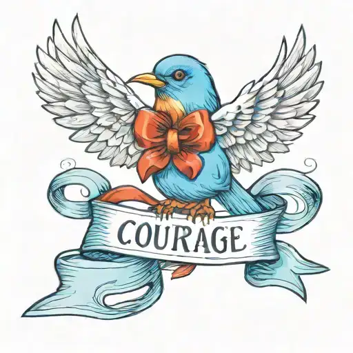 Blue Bird Flying Holding Ribbon In Its Beak With Word 'Courage' Written On Ribbon