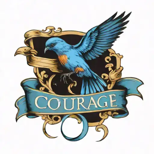 Blue Bird Flying Carrying A Ribbon In Its Beak With Word 'Courage' Written On Ribbon