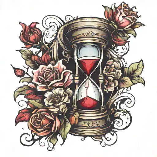 Hourglass Filled With Blood Surrounded By Flowers