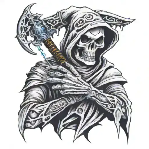 Reaper Covering Left Eye With Hand And Holding A Knife