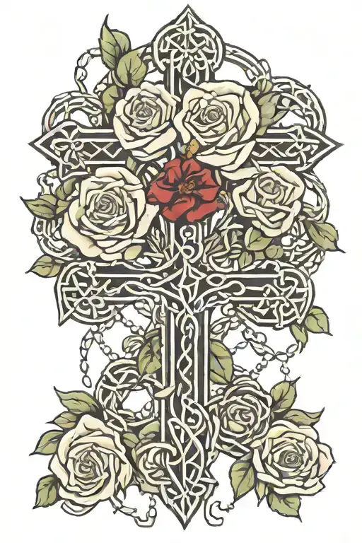 Rosary Beads And Roses Wrapped And Celtic Cross Intertwined