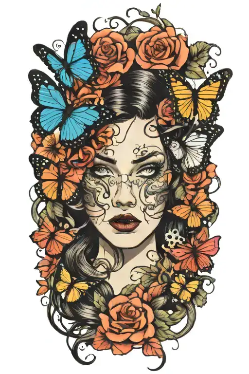 Woman With Snake Hair Surrounded By Butterflies