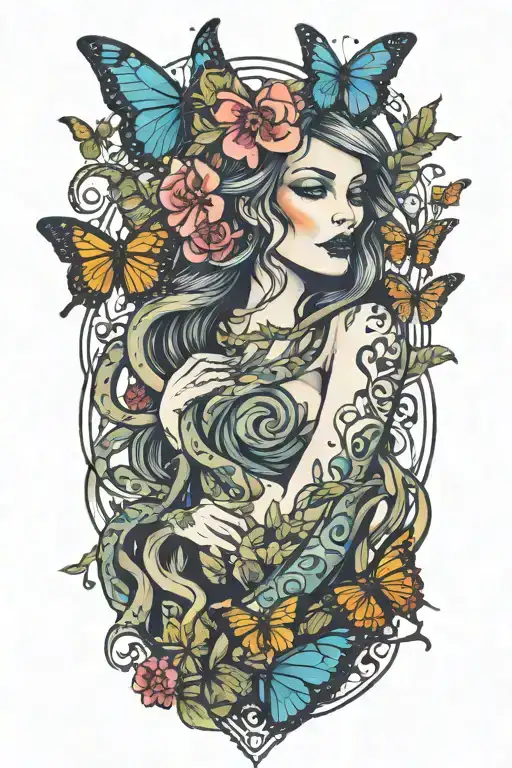 Woman Surrounded By Snakes And Butterflies