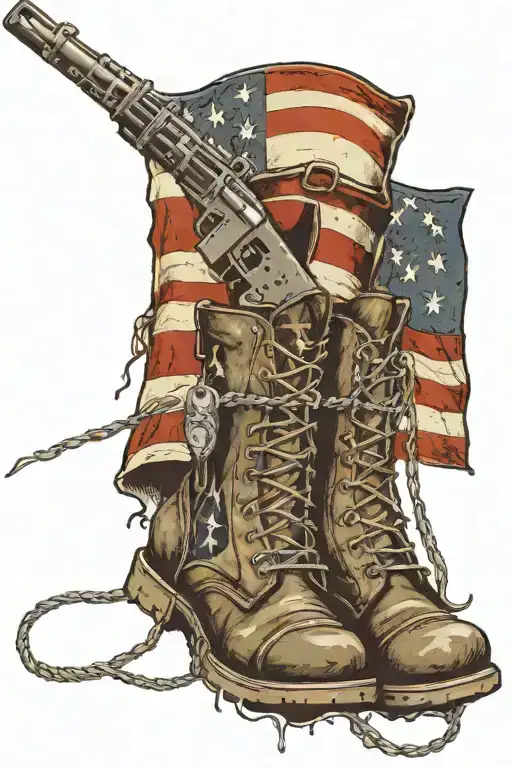 A Battle Used American Flag With Boots And A Ar-15 With Dog Tags Hanging From The Top Of The Flag