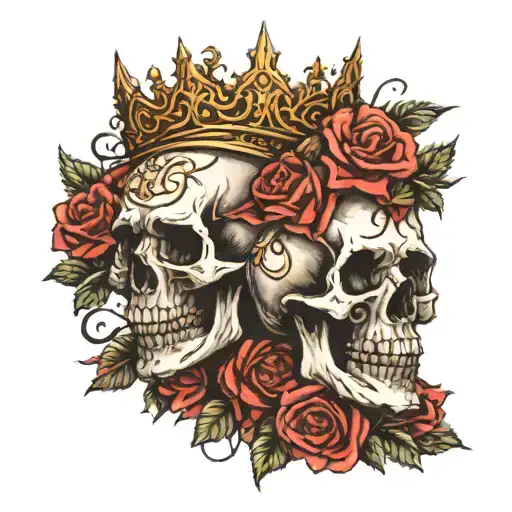 Two Skull Heads Wearing Crown Of Thorns Surrounded By Roses And Ribbon