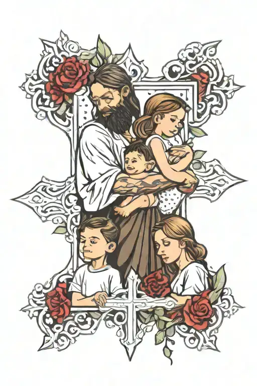 Mom And Dad With Son And Daughter Looking In Jesus At Cross