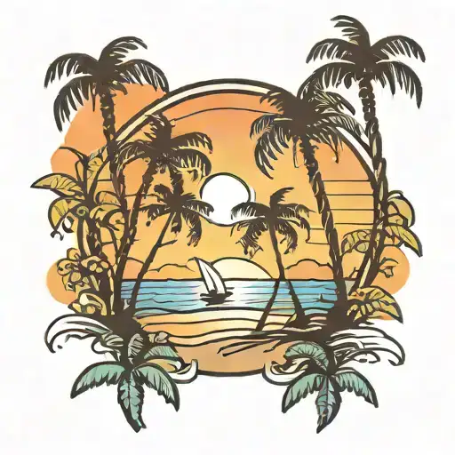 Sunset At The Beach With 2 Palm Trees