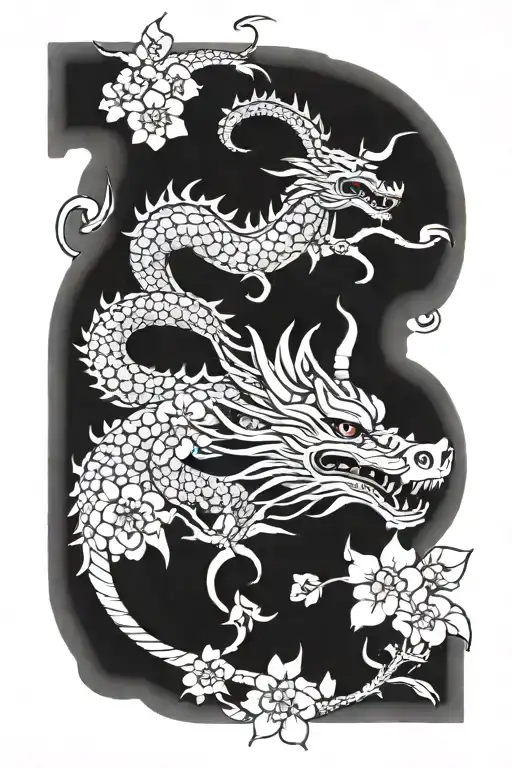 Japanese Dragon Spine Tattoo With Moon On Nape Of Neck And Flowers