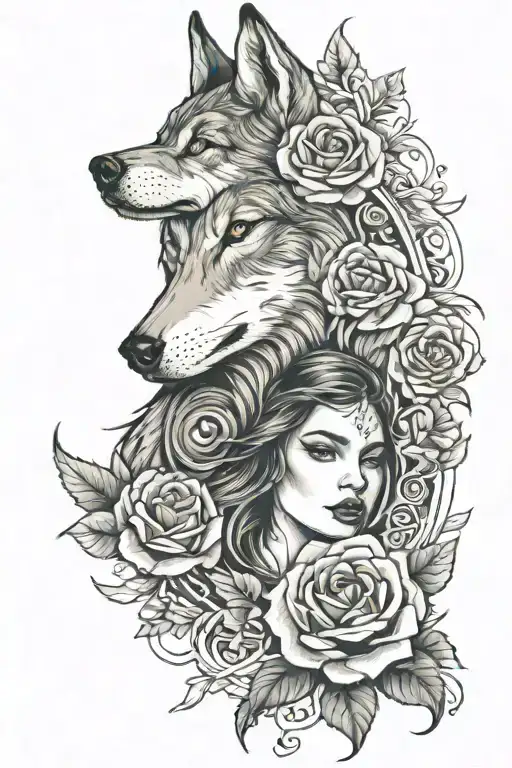 Half Wolf And Woman Face With Rose Surrounded