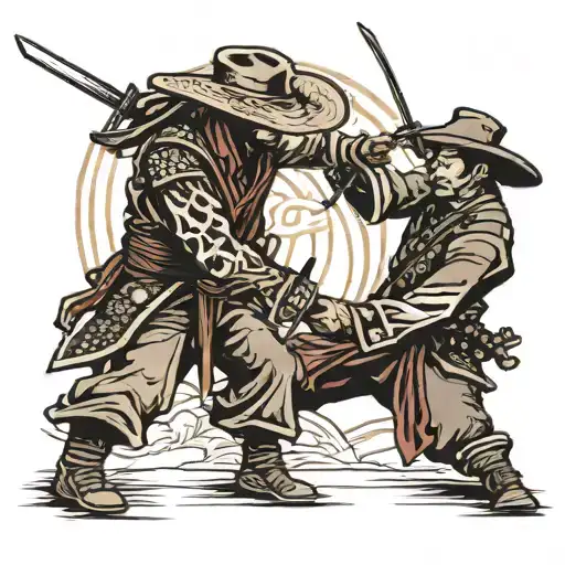 A Cowboy Dueling A Samurai Warrior