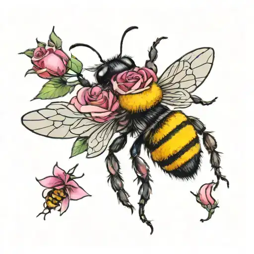 Bee With Roses Blooming