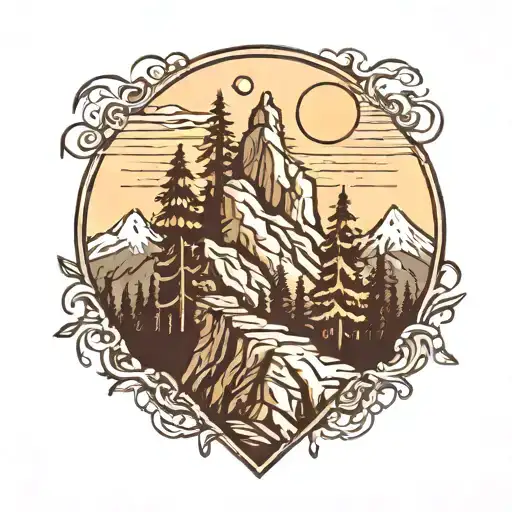 Hiker In The Mountains Far Away And Trees And Sun Made