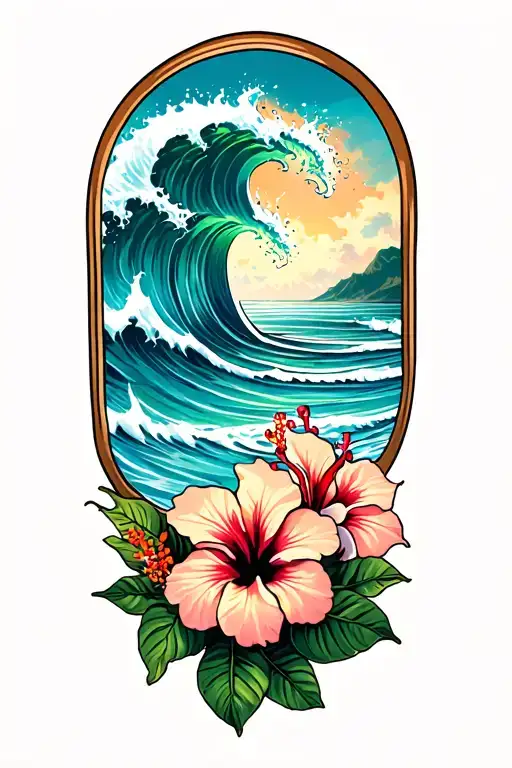 Ocean Waves Crashing On Beach With Hibiscus Flowers On The Bottom