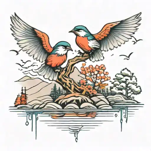 Two Birds Above Tree Line Of Lake Scene