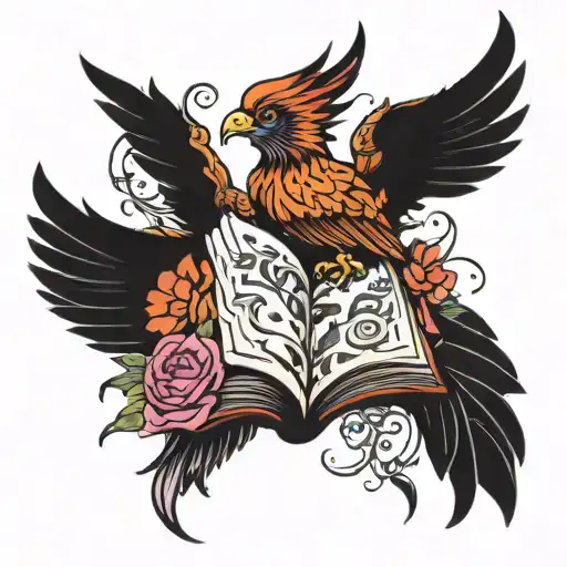 Phoenix Coming Out Of A Book Surrounded By Bold Floral