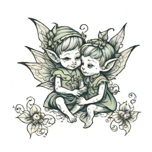 Small Abstract Tattoo Of My Little Boy As A Baby Elf And My Daughter As A Baby Fairy