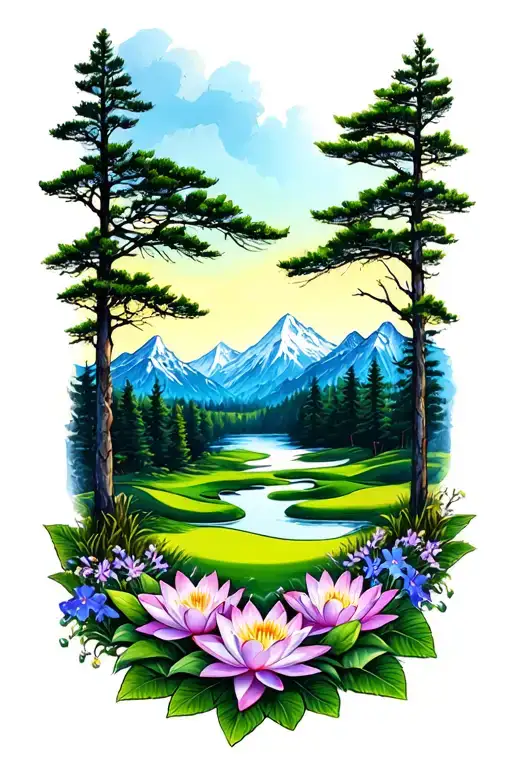Golf Course Landscape Mountains Pine Trees Larkspur Water Lily