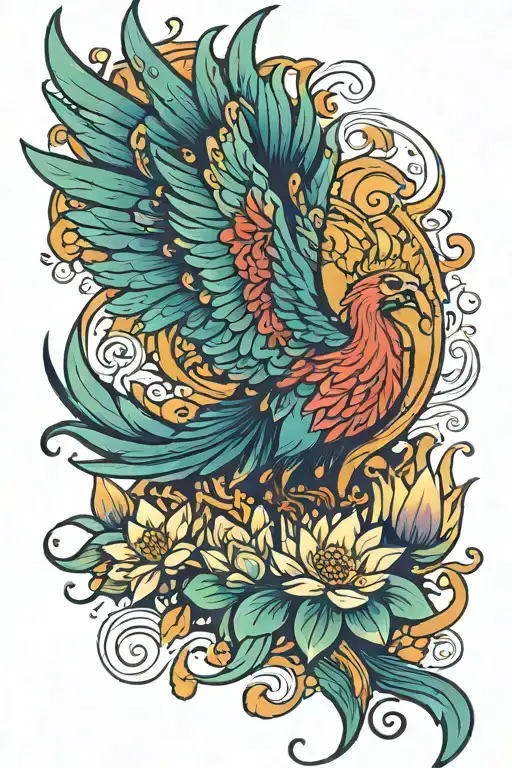 Colorful Design Of A Pheonix Rising From A Lotus Flower
