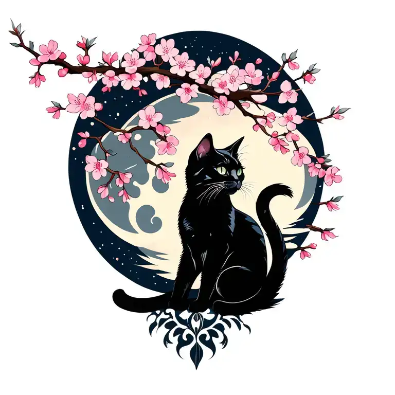 Cherry Blossom Tree With Black Cat And Moon In The Background