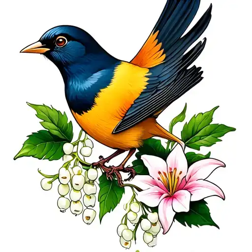 Torogoz Bird With Hawthorn And Lily Of The Valley Flower