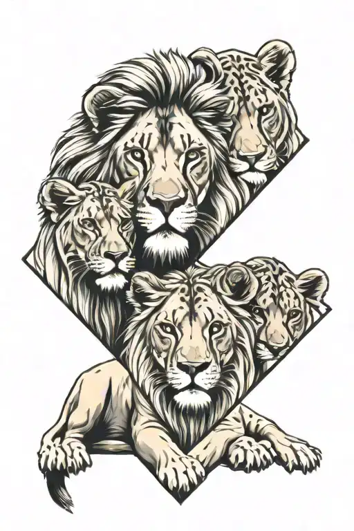 Lion Lioness 3 Cubs Surrounded