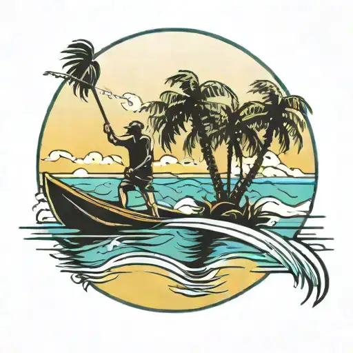 Lake Scene Featuring A Palm Tree And Grabfather Silhouette And A Sword And Water Skiing