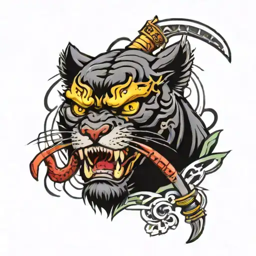 Panther W Oni Face W Katana In Mouth Open