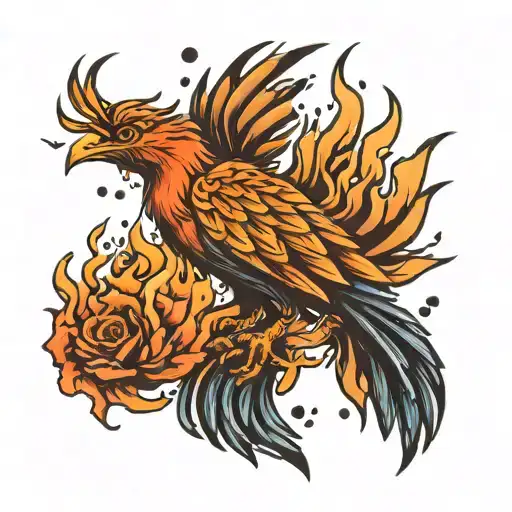 Simplistic Design Of A Phoenix Raising From The Ashes With Rain Drops
