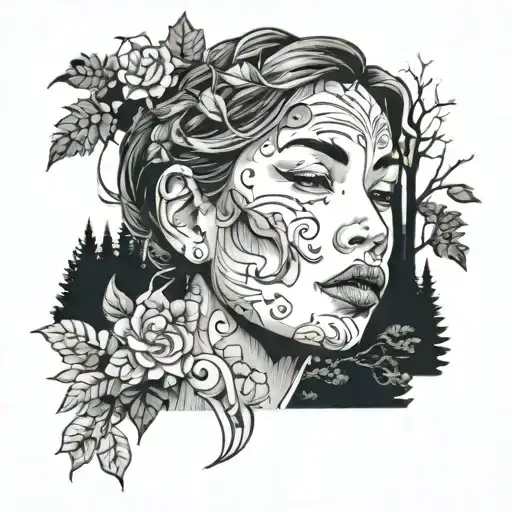 Womens Face Surrounded By Forest Scene While Grabing Chin