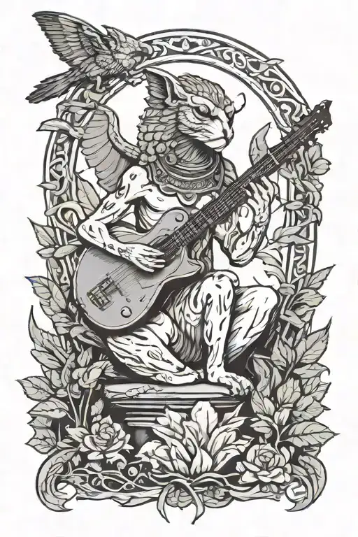 A Sphinx Playing A Guitar In A Mystical Forest