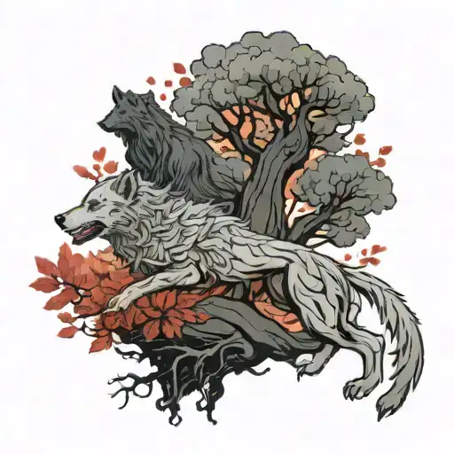 Game Of Thrones Weirwood Tree With Red Leaves Blowing And A Dire Wolf