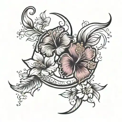 Crescent Moon With Hibiscus Flowers