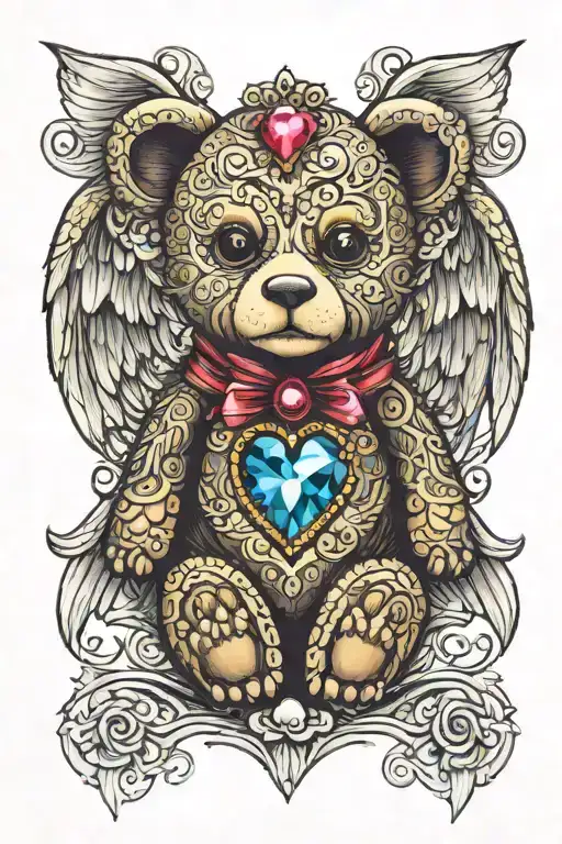 Create A Colourful Tattoo Design Of A Teddy Bear With Angel Wings And A Heart Gem