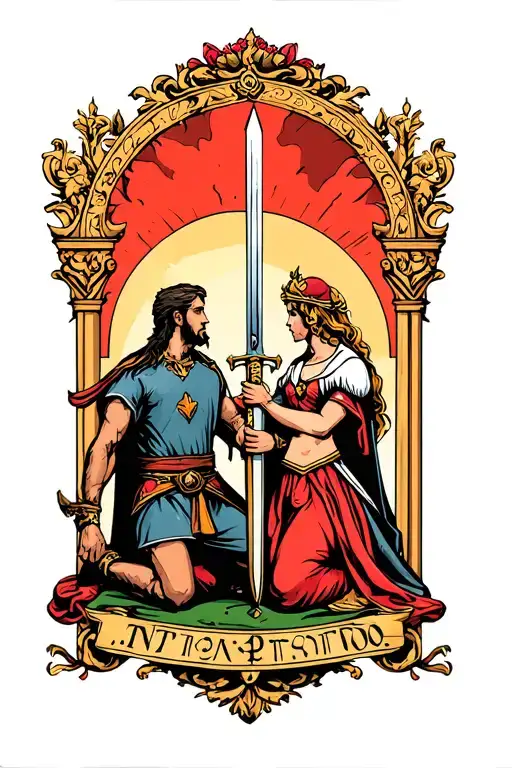 Kneeling Man Being Knighted By Princess With Sword