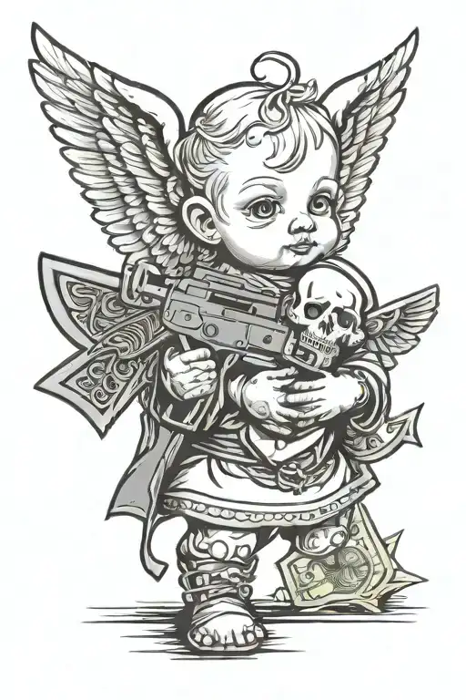 Baby Angel Holding Money Bag With Ak 47