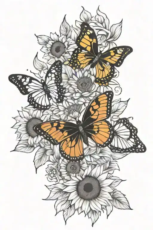 Butterflies And Sunflower Arm Sleeve In Black And White