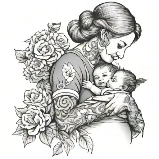 Mother Holding Baby Girl And Hugging Toddler Son