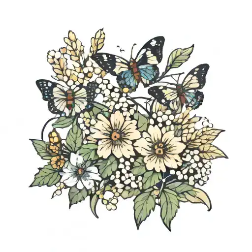 Oatmeal Plant And Butterflies Flying