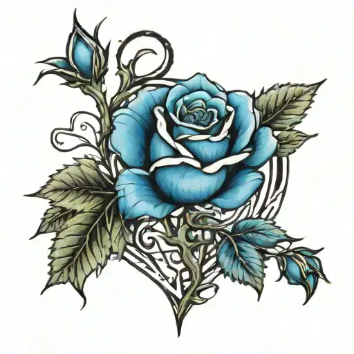 Blue Rose With Thorns Wrapped Around Heart Tattoo Design