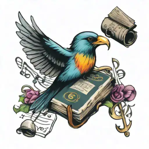 Flying Bird Holding A Medicine Book Surrounded By Musical Notes