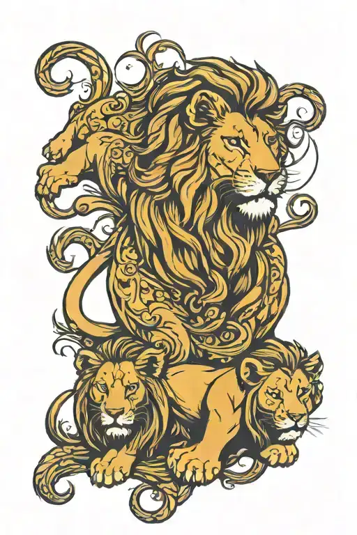 Male Lion Surrounded By Two Cubs