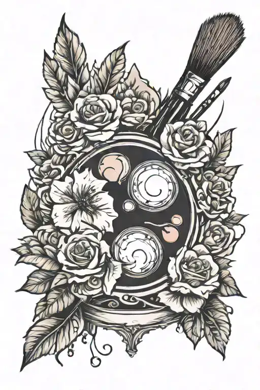 A Tattoo Of An Elegant Art Palette With Paintbrushes And Floral Decorations