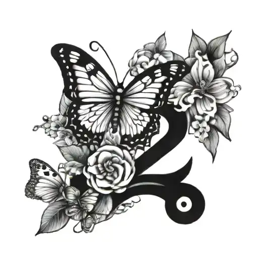 Letter B With Flowers And Butterflies In Black And White Small Size