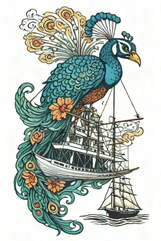Colorful Peacock On A Sailing Ship Navigating