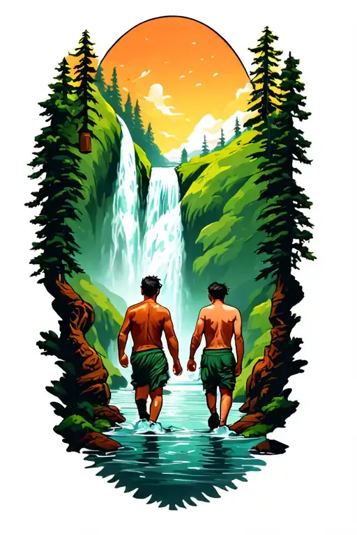 Two Brothers Walking Towards Waterfall