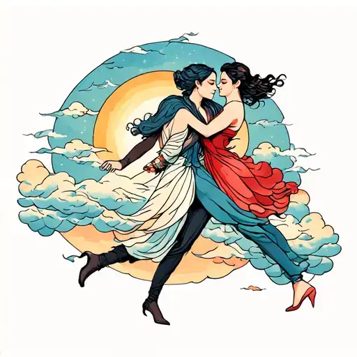 Two Lovers Dancing On Clouds With Sun Behind