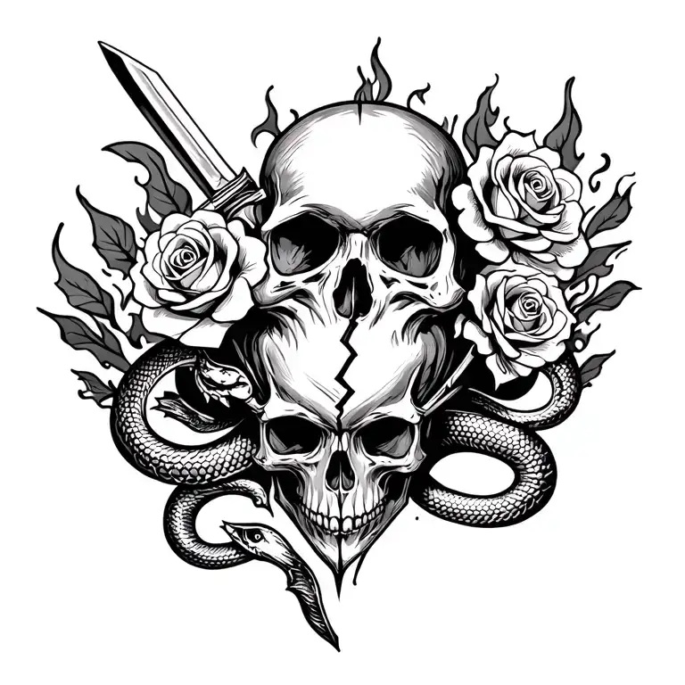 Skull With Roses In Form Broken Heart By Knife Surrounded Fire And Snake